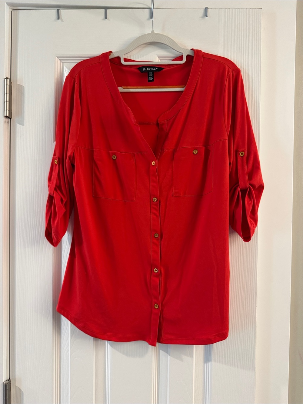 Ellen Tracy Vibrant Red Button-Front Roll-Sleeve Top